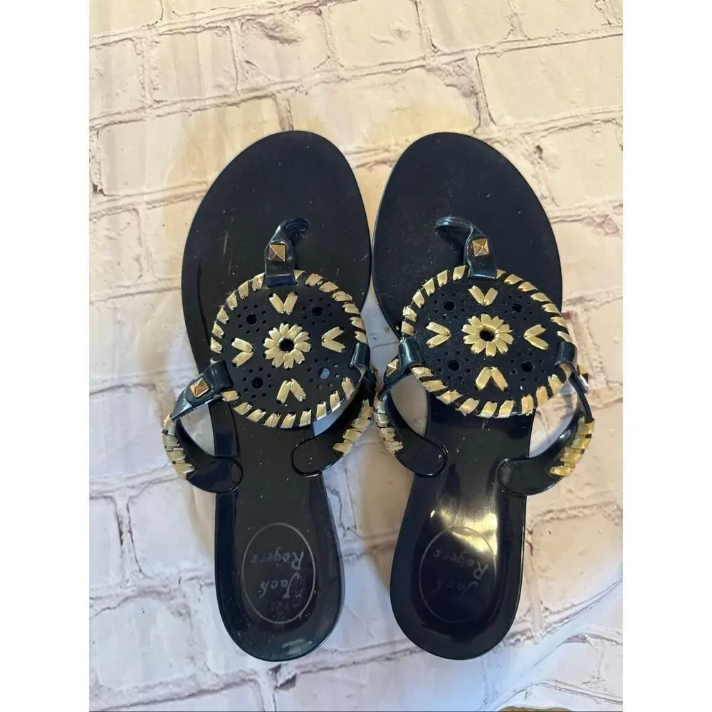 Jack Rogers Size 4 Georgica Jelly Sandals Black Medallion Boho Flip Flop